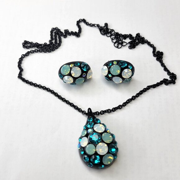 Teal BlueTeardrop Pendant Necklace with Earrings - Picture 1 of 15